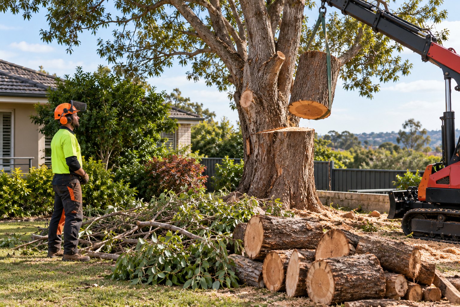 Tree removal with cut timber in a residential garden